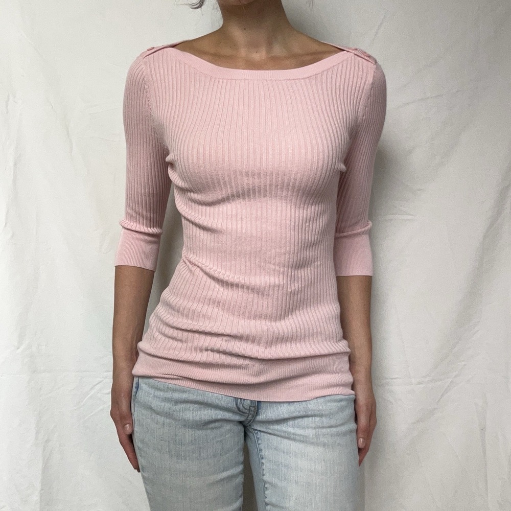 2000s Baby Pink 3/4 Sleeve Top Ribbed Button Detail Y2K Coquettte Preppy